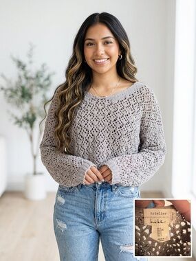 Nicole Miller Taupe Open-Knit Crewneck Sweater